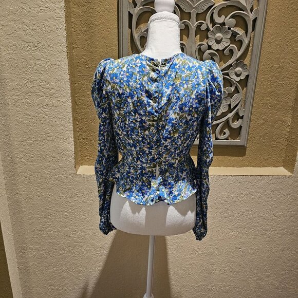 Forever 21 Floral Plumets S Top Garden Tulip Hem Peasant Boho Puff Sleeve - Picture 2 of 14